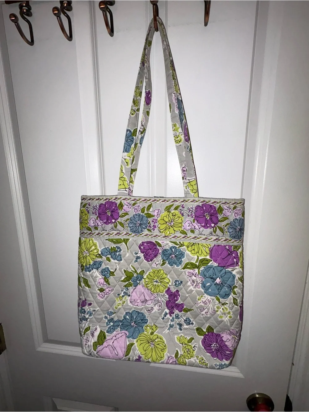 Vera Bradley  Quilted Tote Bag in Tan  with Purple, Green & Blue Flowers